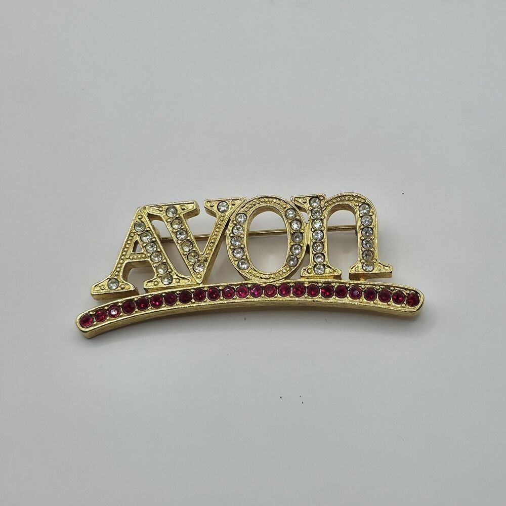 Avon Red\Clear Goldtone Rhinestone Pin 2"